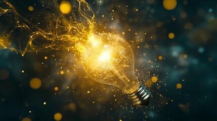 A glowing light bulb surrounded by a swirl of golden particles, symbolizing innovation and inspiration.
