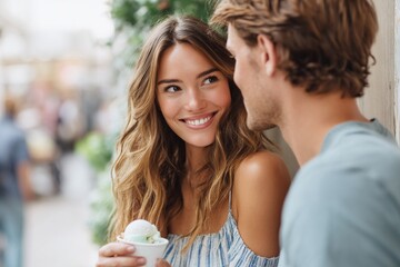 Couple share a sweet treat! Romantic moments with ice cream and loving gazes make this a heartwarming, carefree moment.