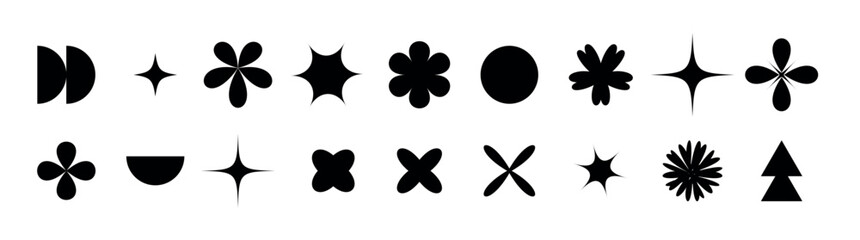 Set of various y2k geometric shapes black silhouettes and outlines isolated vector icons. vector illustration