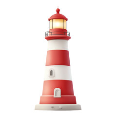 Red and white lighthouse with bright light at the top and classic round structure