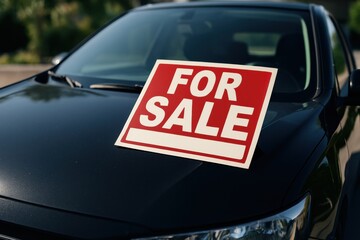Dark Car with For Sale Sign Affixed to Hood, Suggesting an Opportunity for Buyers of Secondhand Transport