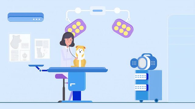 2D illustration Scene Of Female Nurse Veterinary Doctor Examining Dog With Stethoscope.