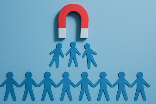 Red Magnet Attracts Paper People Figures, illustrating recruiting talent, attracting customers, or focusing on specific target groups, with a bright blue background.