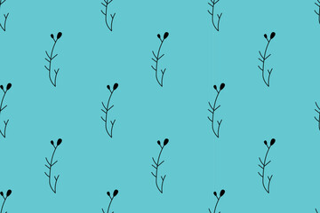 Beautiful natural seamless pattern of  black plant with buds on  blue background. Plant of  environment. Flat design. For wallpaper, textiles, packaging, background, website.