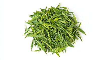 The Art of Tea Leaves: Multi-Perspective Presentation of Fresh Green Tea leaves, Creative Composition of Circles and Scattered, Natural Beauty on a Pure Background, the Charm of Tea Leaves