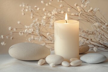 A calming scene with a lit candle, smooth stones, and dried flowers on a beige background, suggesting relaxation.