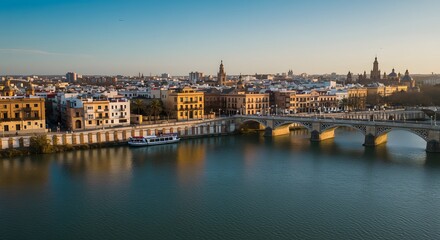 Obraz premium Scenic River Cityscape with Bridge and Boat at Golden Hour