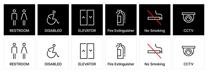 Public Restroom & Facility Sign Icons – Line Style. Toilet, Elevator, No-smoking, Fire Extinguisher, CCTV Camera, Disabled Symbols.