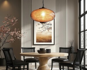 A modern dining area featuring elegant furniture, artistic decor, and warm lighting for a cozy atmosphere. Copy space, 300dpi, commercial use