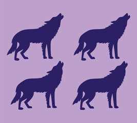Set of four vector howling wolf silhouettes