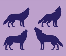 Set of four vector howling wolf silhouettes