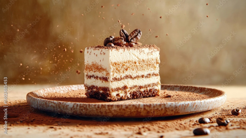 Poster classic tiramisu cake slice served on rustic plate, cocoa topping and coffee beans scattered