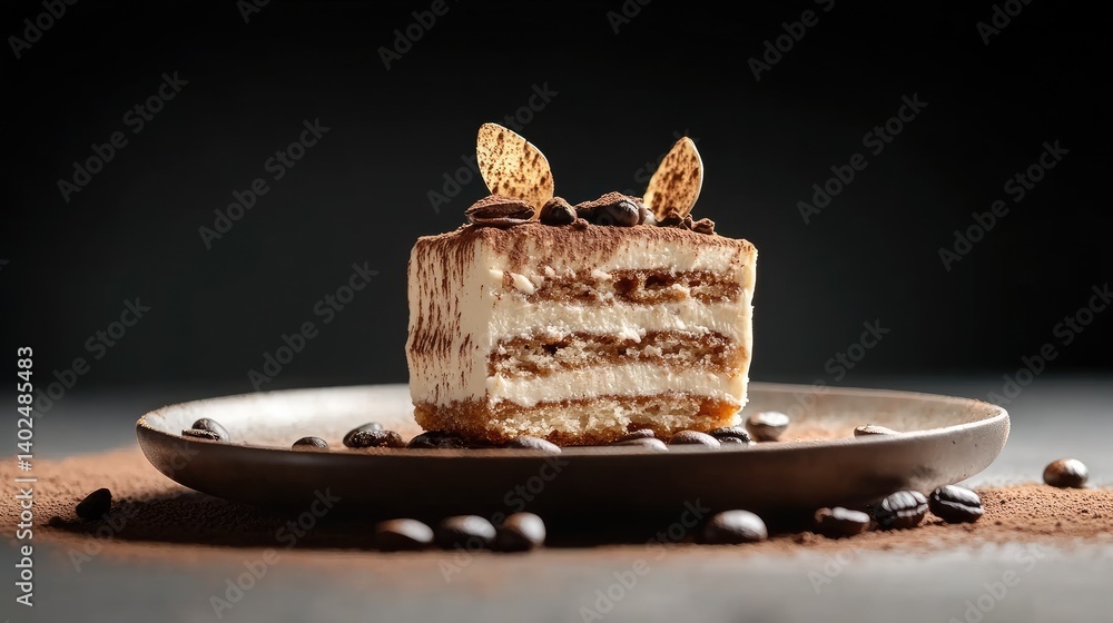 Poster classic tiramisu cake slice served on rustic plate, cocoa topping and coffee beans scattered