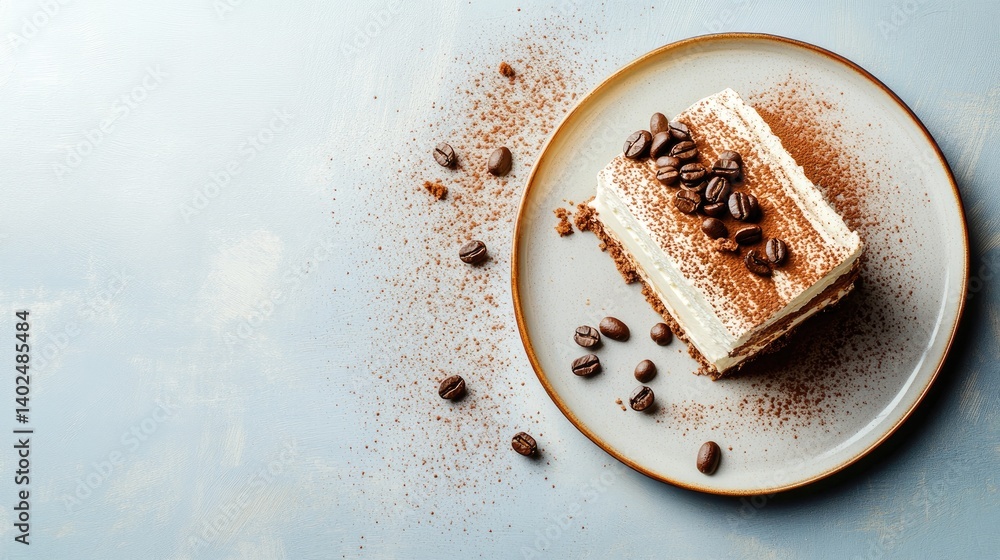 Poster classic tiramisu cake slice served on rustic plate, cocoa topping and coffee beans scattered