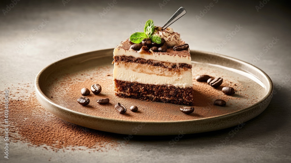 Poster classic tiramisu cake slice served on rustic plate, cocoa topping and coffee beans scattered