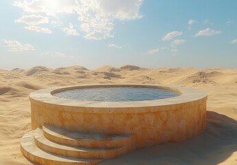 Fototapeta premium A serene oasis with a circular pool surrounded by golden sands under a bright blue sky. Copy space, 300dpi, commercial use
