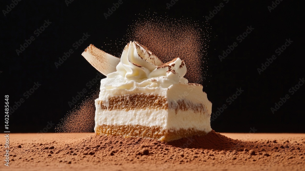 Poster close-up of creamy tiramisu slice with cocoa powder, layered texture visible, elegant dessert presen