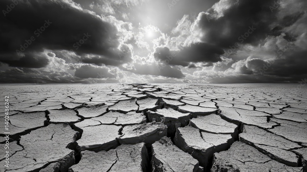 Poster earthquake-like terrain with deep break across dried ground in stark black and white