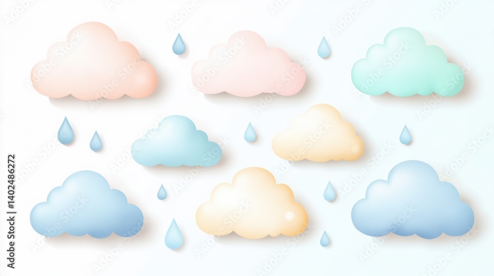 Poster Pastel clouds with soft raindrops floating on a neutral background create a serene and calming atmosphere in this whimsical design