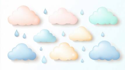 Pastel clouds with soft raindrops floating on a neutral background create a serene and calming atmosphere in this whimsical design