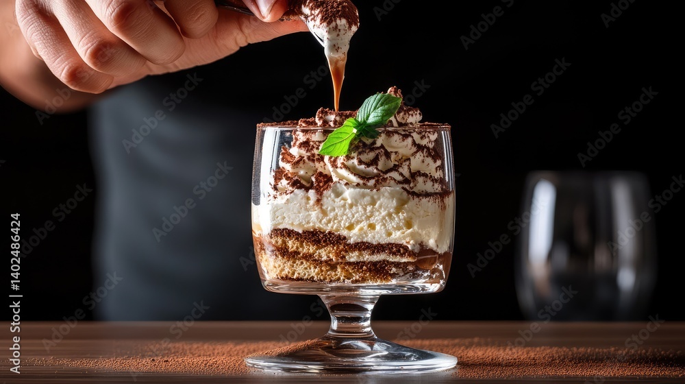 Poster elegant tiramisu portion with layers of mascarpone and coffee-soaked sponge, cocoa dusted