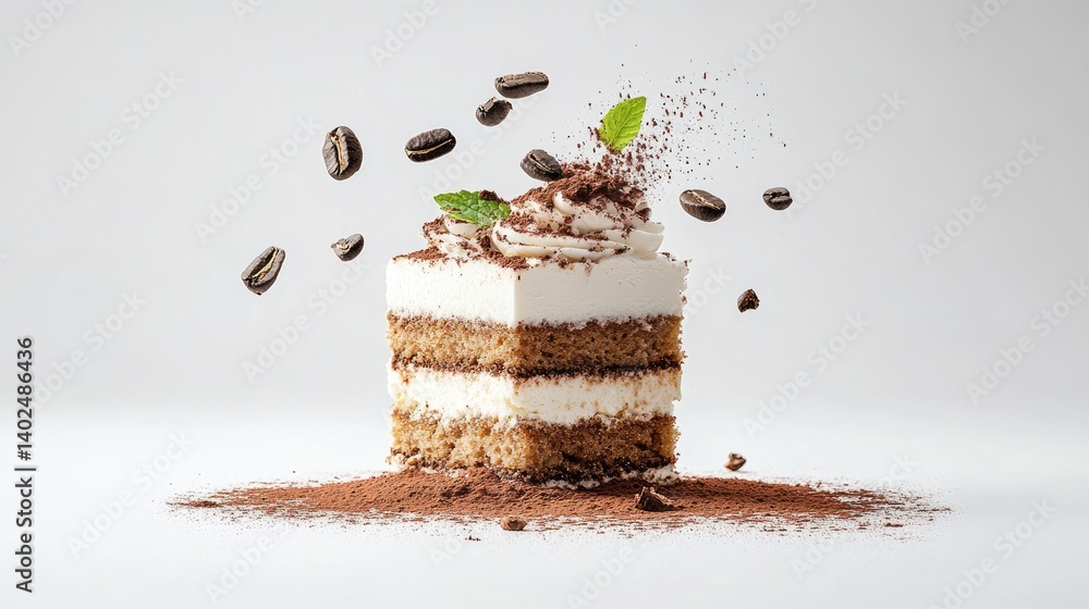 Poster elegant tiramisu portion with layers of mascarpone and coffee-soaked sponge, cocoa dusted