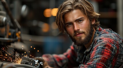 Handsome Craftsman:  A Portrait of a Skilled Man Working in a Workshop