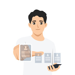 Man Interacting with Digital Interface. Flat vector character illustration
