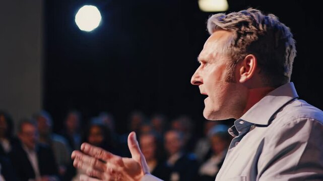 Business professional delivers a motivational speech, gesturing dynamically while inspiring a diverse corporate audience at a high-energy conference. Concept impactful leadership.