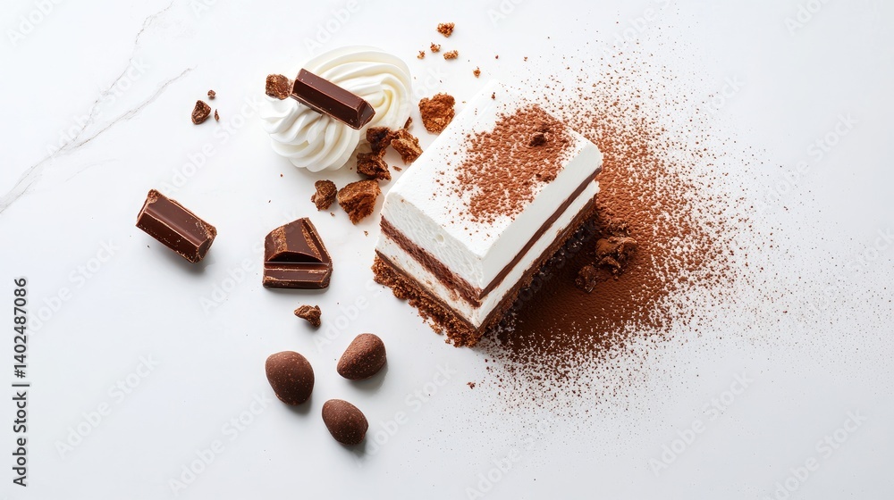 Poster gourmet tiramisu slice placed on a marble countertop, minimal style with cocoa accents