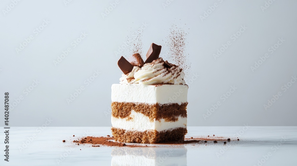 Poster gourmet tiramisu slice placed on a marble countertop, minimal style with cocoa accents