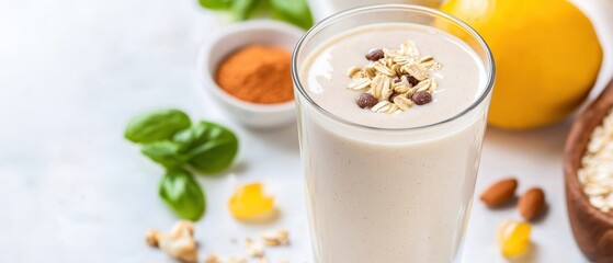 A creamy smoothie topped with oats, surrounded by fresh ingredients like lemon, basil, and spices, showcasing a healthy lifestyle choice.