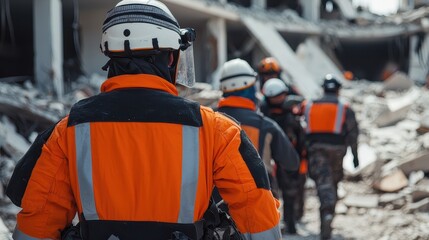 Rescue workers in orange and black uniforms navigate through rubble, showcasing their commitment to search and recovery efforts in disaster-stricken areas.