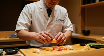 A photo of a sushi chef skillfully preparing delicious-looking sushi, with fresh ingredients and precise technique.（generated AI）