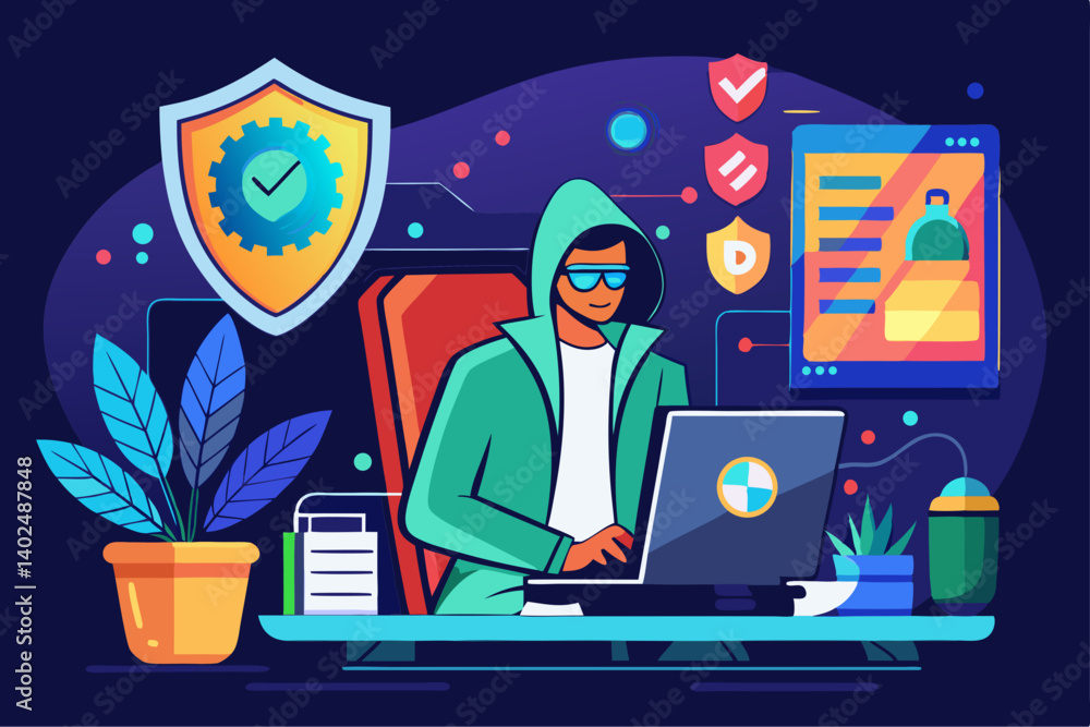 Fototapete vector image of a cybersecurity analyst working on a computer with digital shield graphics