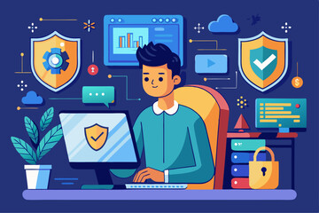 Vector image of a cybersecurity analyst working on a computer with digital shield graphics
