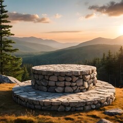 Stone Platform Overlooking Sunset Mountain Landscape