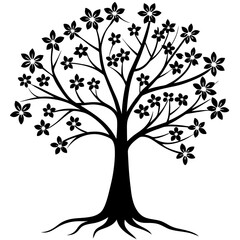 A silhouette of a tree with its roots visible, spring flowers growing around, white background 