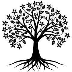 Obraz premium A silhouette of a tree with its roots visible, spring flowers growing around, white background 