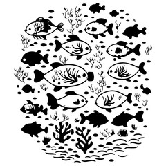 Aquatic life with fishes in an illustration