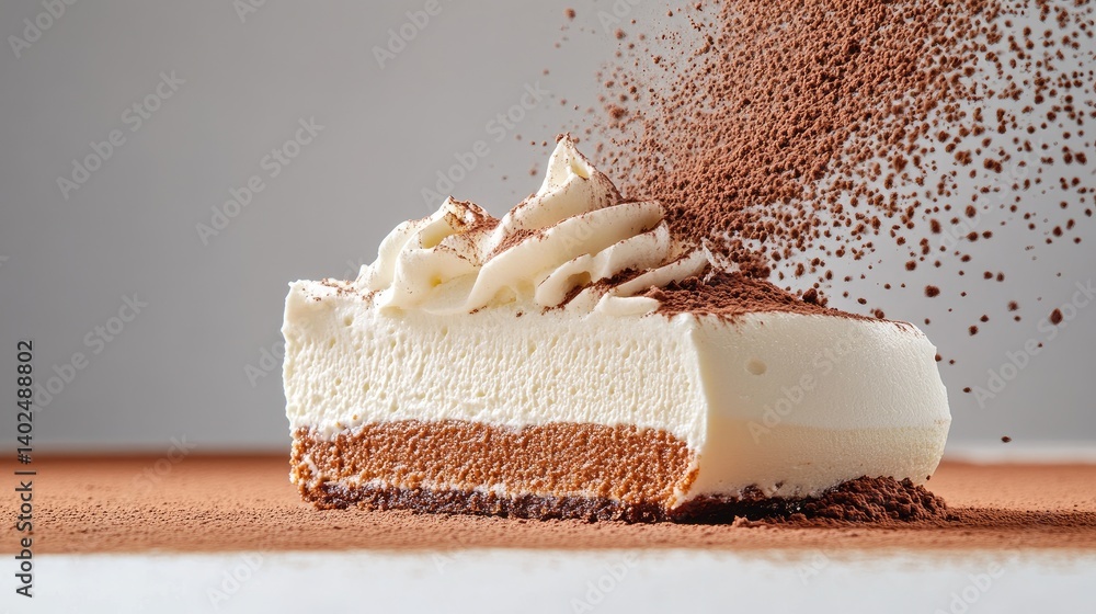 Poster Tiramisu cake close-up with creamy layers and dark cocoa topping, shallow depth of field