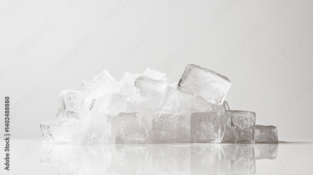 Poster translucent crushed ice cubes arranged in a pile, white surface and soft reflection