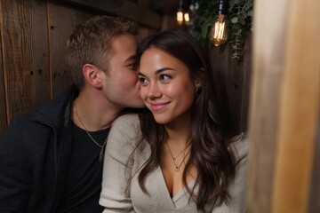 A couple shares an intimate moment, the man whispering in the woman's ear as she smiles, the warm lighting adding to the cozy atmosphere.
