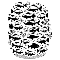 Monochrome Fishes Silhouette Circle Composition