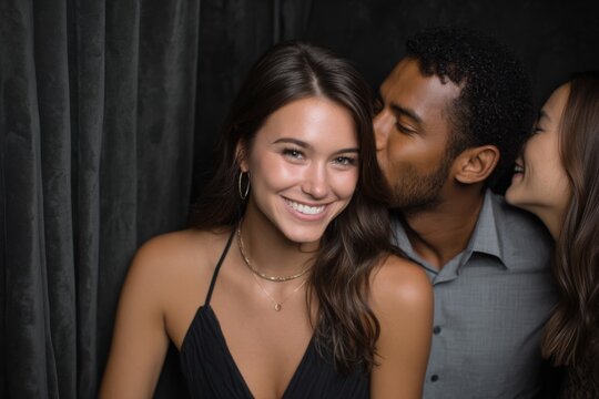 Celebratory Friends: Smiling woman gets kissed on the cheek in group shot, enjoying a happy gathering with dark background. 