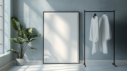 Minimalist Interior with Blank Frame and Clothing Rack, Minimalist interior with a large blank frame, clothing rack, and potted plant
