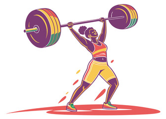 Illustration of a strong fitness girl lifting a heavy barbell, in full color on a white background.
