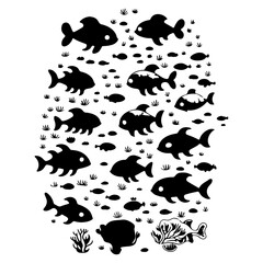 Stylish silhouettes of marine life, fish and algae