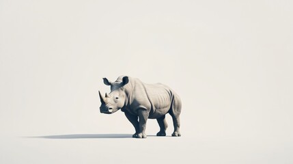 Naklejka premium Rhinoceros standing in minimalistic setting with gray skin and light shadows for natural detail showcase
