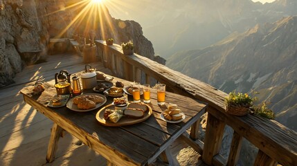 Breakfast Feast on Rustic Table Overlooking Majestic Mountain Range at Sunrise